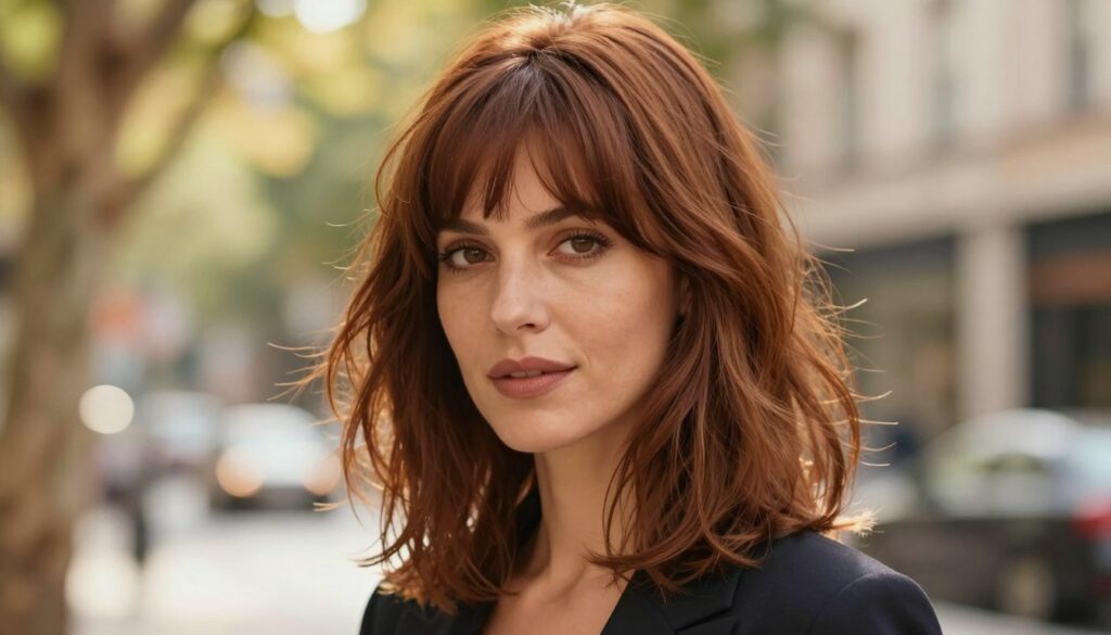 A portrait of a woman with medium-length hair featuring soft curtain bangs, styled elegantly to frame her face. The hair has a natural, tousled look with a healthy shine, showcasing a rich, warm chestnut color. The foreground captures her from the shoulders up, highlighting the hairstyle's movement and texture. In the background, there is a softly blurred urban setting with warm sunlight filtering through tree leaves, creating a cozy and inviting atmosphere. The lighting is soft and diffused, emphasizing the woman's features and the hair's subtle highlights. The mood is approachable and confident, ideal for an everyday style. The subject is dressed in a professional yet casual outfit, enhancing the focus on the hairstyle without distractions. A portrait of a woman with medium-length hair featuring soft curtain bangs, styled elegantly to frame her face. The hair has a natural, tousled look with a healthy shine, showcasing a rich, warm chestnut color. The foreground captures her from the shoulders up, highlighting the hairstyle's movement and texture. In the background, there is a softly blurred urban setting with warm sunlight filtering through tree leaves, creating a cozy and inviting atmosphere. The lighting is soft and diffused, emphasizing the woman's features and the hair's subtle highlights. The mood is approachable and confident, ideal for an everyday style. The subject is dressed in a professional yet casual outfit, enhancing the focus on the hairstyle without distractions.