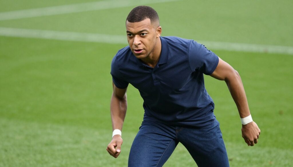 A portrait of a young, athletic man with a buzz cut hairstyle, inspired by Kylian Mbappé. He is wearing a stylish, casual yet professional outfit, like a fitted polo shirt and tailored jeans. His expression is confident and focused, showcasing determination. The image captures him in a dynamic pose, perhaps mid-stride, against a blurred, vibrant green football pitch background to evoke a sense of motion and energy. Soft, natural daylight illuminates the scene, creating subtle highlights on his hair and face. The perspective is from slightly below eye-level, emphasizing his stature and commanding presence on the field, enhancing the mood of intensity and athleticism inherent in his hairstyle.