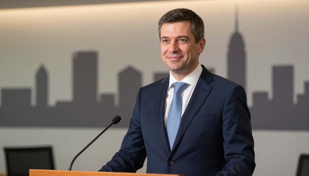 A professional and dynamic portrait of Krzysztof Gawkowski, depicting him in an elegant business suit, representing his political career. He stands confidently at a podium, with a subtle smile and engaging demeanor. In the foreground, emphasize his crisp, tailored suit, complemented by a crisp white shirt and a neatly tied tie. The middle ground features a blurred backdrop of a modern office environment, hinting at his political connections and career journey. The background shows city skyline silhouettes, symbolizing his regional ties. Warm, soft lighting highlights his features, creating a welcoming atmosphere. A shallow depth of field draws focus to his expression, reflecting determination and professionalism, set against a polished, contemporary setting. A professional and dynamic portrait of Krzysztof Gawkowski, depicting him in an elegant business suit, representing his political career. He stands confidently at a podium, with a subtle smile and engaging demeanor. In the foreground, emphasize his crisp, tailored suit, complemented by a crisp white shirt and a neatly tied tie. The middle ground features a blurred backdrop of a modern office environment, hinting at his political connections and career journey. The background shows city skyline silhouettes, symbolizing his regional ties. Warm, soft lighting highlights his features, creating a welcoming atmosphere. A shallow depth of field draws focus to his expression, reflecting determination and professionalism, set against a polished, contemporary setting.