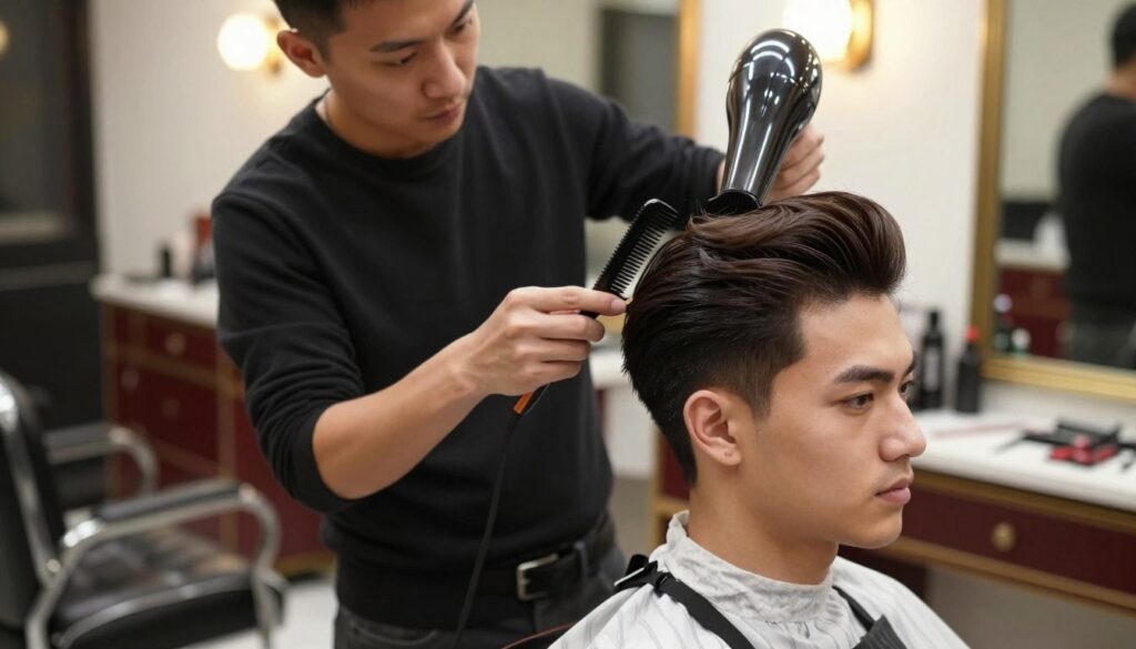 A professional hairstylist demonstrating the step-by-step process of creating a classic pompadour hairstyle. In the foreground, a well-groomed male model, with a defined pompadour, sits in a stylish barbershop chair, wearing a sharp shirt and apron. In the middle, the hairstylist, also dressed in business-casual attire, uses a comb and blow-dryer, carefully styling the model's hair. The background features an elegant barbershop setting, with vintage styling tools and soft-lit mirrors that reflect a warm, inviting atmosphere. The lighting is bright yet soft, emphasizing the details in the hair texture and the focused expressions of both the stylist and model. The angle captures a close-up view, highlighting the artistry of the hairstyle creation process.