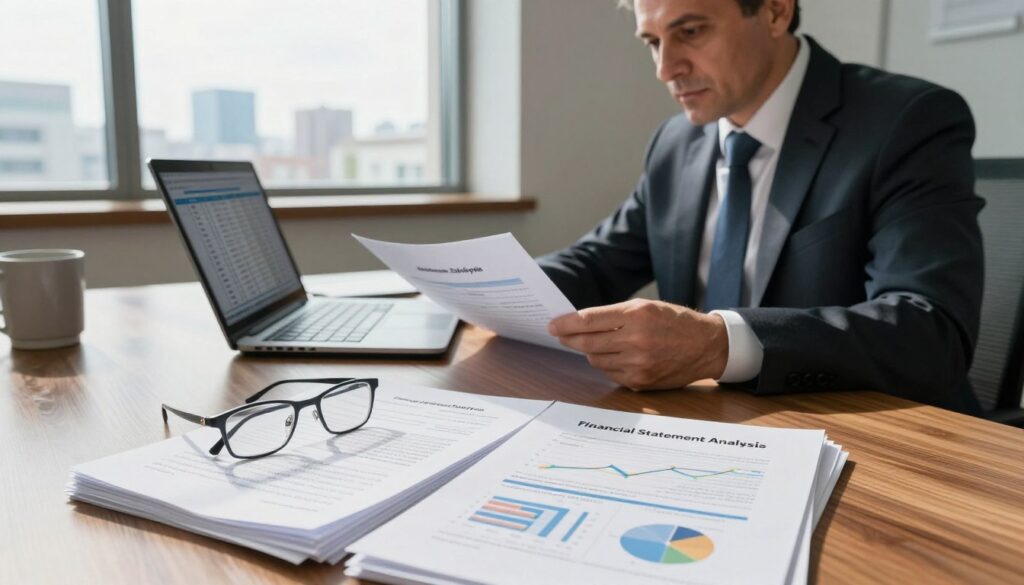 A professional office setting with a focus on financial documents. In the foreground, a carefully arranged pile of legal papers titled "Financial Statement Analysis," featuring charts and graphs. A pair of reading glasses rests on top of the papers, symbolizing scrutiny. In the middle, a polished wooden desk with a laptop open, displaying a spreadsheet related to financial statements. A distinguished-looking middle-aged man in business attire investigates these documents intently, representing Andrzej Szejna. The background features a large window with natural light streaming in, casting soft shadows, and a city skyline visible outside, conveying a sense of professionalism and transparency. The overall atmosphere is serious and analytical, perfect for the topic of financial scrutiny and controversy.