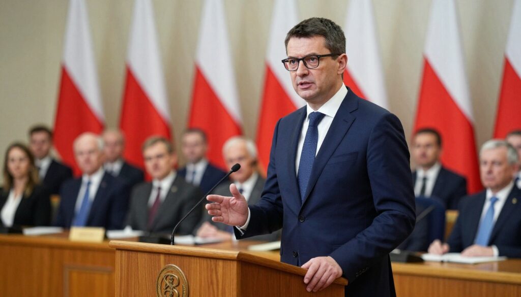 A professional politician in a tailored navy suit, standing confidently at a podium, representing the political career of Andrzej Szejna. He is a middle-aged Caucasian man with short dark hair and glasses. In the foreground, focus on his engaged expression as he gestures while speaking to an unseen audience. The middle ground showcases an elegant conference room filled with attentive listeners, with flags of Poland in the background, symbolizing his connection to the nation. The lighting is bright and focused on the podium, creating an atmosphere of determination and authority. The image should convey a sense of political engagement and professionalism, evoking a strong connection to governance and regional representation.