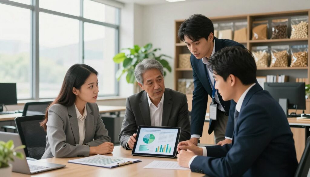 A professional setting showcasing the activities within the Ministry of Agriculture, featuring diverse officials engaged in discussions around agricultural policies and market challenges. In the foreground, a diverse group of three professionals in business attire, including a woman and two men, are focused on charts and graphs displayed on a tablet, symbolizing data analysis. The middle ground depicts a modern office environment with large windows allowing natural light to flood in, casting soft shadows on sleek furniture. In the background, shelves filled with agricultural samples like grains and a vibrant indoor plant bring life to the space. The overall mood is serious yet collaborative, emphasizing dedication and teamwork in addressing market challenges within the agricultural sector. A professional setting showcasing the activities within the Ministry of Agriculture, featuring diverse officials engaged in discussions around agricultural policies and market challenges. In the foreground, a diverse group of three professionals in business attire, including a woman and two men, are focused on charts and graphs displayed on a tablet, symbolizing data analysis. The middle ground depicts a modern office environment with large windows allowing natural light to flood in, casting soft shadows on sleek furniture. In the background, shelves filled with agricultural samples like grains and a vibrant indoor plant bring life to the space. The overall mood is serious yet collaborative, emphasizing dedication and teamwork in addressing market challenges within the agricultural sector.