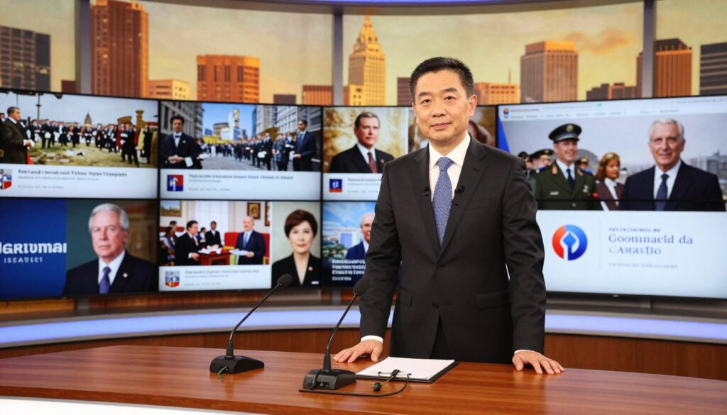 A professional television host in formal attire stands confidently at a modern studio desk, surrounded by screens displaying historical images and government platforms. The foreground features a polished wooden desk with microphones and a notepad. In the middle ground, elegantly arranged images of notable historical events and political figures are displayed on the screens. The background showcases a vibrant city skyline through large windows, with warm golden lighting pouring in, creating an inviting atmosphere. The angle is slightly low, giving an authoritative view of the host, suggesting a blend of media influence and public interest in private life. The mood is respectful and thought-provoking, highlighting the intertwined nature of television and politics.