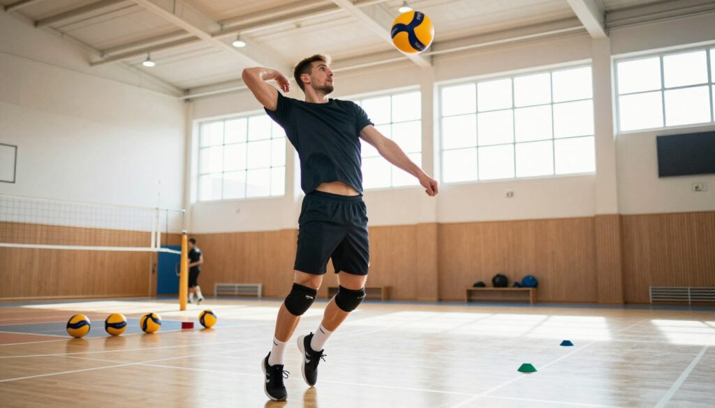 A professional volleyball player, Tomasz Fornal, is shown in a dynamic training session, executing a powerful spike with precision. He is dressed in modest sports attire, with a focused expression, showcasing his athleticism and dedication to his craft. The foreground features his athletic form, muscles engaged in action, while the middle ground captures a training court adorned with volleyball equipment and cones arranged for drills. In the background, a spacious gymnasium is visible, illuminated by bright, natural light streaming through large windows, creating an energizing atmosphere. The angle is slightly low to emphasize his height and impact, enhancing the sense of motion and intensity in the scene. The mood is inspiring and motivational, reflecting the hard work and determination of a professional athlete in training. A professional volleyball player, Tomasz Fornal, is shown in a dynamic training session, executing a powerful spike with precision. He is dressed in modest sports attire, with a focused expression, showcasing his athleticism and dedication to his craft. The foreground features his athletic form, muscles engaged in action, while the middle ground captures a training court adorned with volleyball equipment and cones arranged for drills. In the background, a spacious gymnasium is visible, illuminated by bright, natural light streaming through large windows, creating an energizing atmosphere. The angle is slightly low to emphasize his height and impact, enhancing the sense of motion and intensity in the scene. The mood is inspiring and motivational, reflecting the hard work and determination of a professional athlete in training.