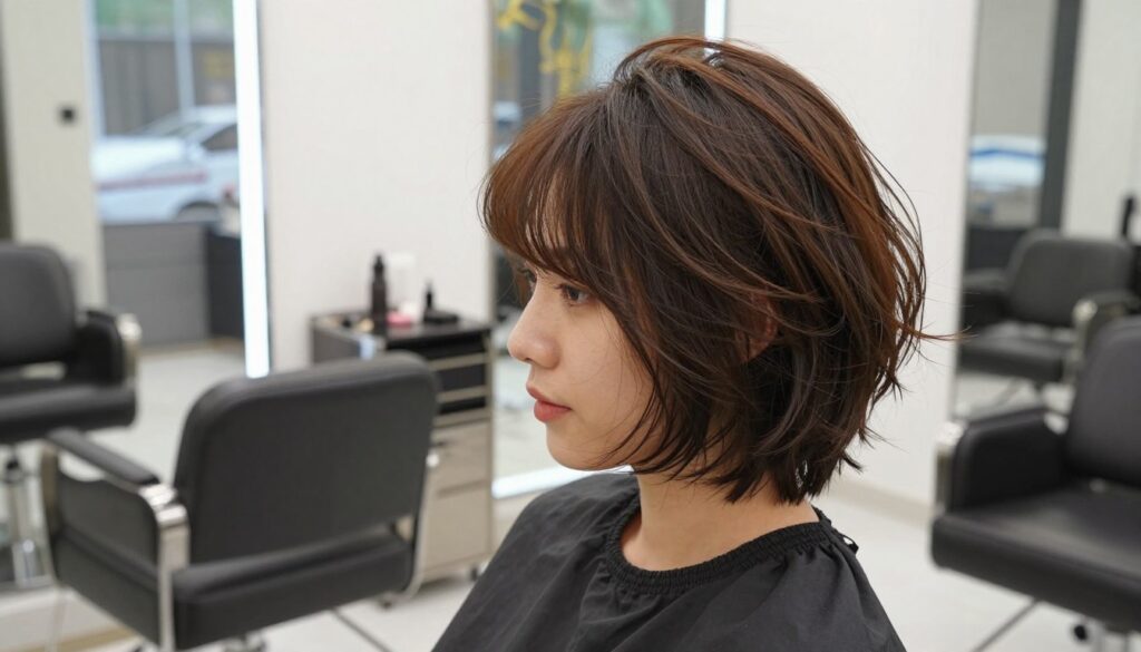 A professional woman with chic, short hair is seated in a stylish salon chair, showcasing a trendy haircut that adds volume to fine hair. Her hair is styled with soft, bouncy layers that frame her face, creating a modern and youthful appearance. In the background, the salon is bright and inviting, with soft, natural lighting filtering through large windows, enhancing the shiny texture of her hair. The atmosphere is vibrant and energetic, reflecting a contemporary hairdressing environment. The composition captures the hair detail in the foreground, while the luxurious salon setting adds depth. This image should convey a sense of confidence and elegance in hairstyle choices. A professional woman with chic, short hair is seated in a stylish salon chair, showcasing a trendy haircut that adds volume to fine hair. Her hair is styled with soft, bouncy layers that frame her face, creating a modern and youthful appearance. In the background, the salon is bright and inviting, with soft, natural lighting filtering through large windows, enhancing the shiny texture of her hair. The atmosphere is vibrant and energetic, reflecting a contemporary hairdressing environment. The composition captures the hair detail in the foreground, while the luxurious salon setting adds depth. This image should convey a sense of confidence and elegance in hairstyle choices.
