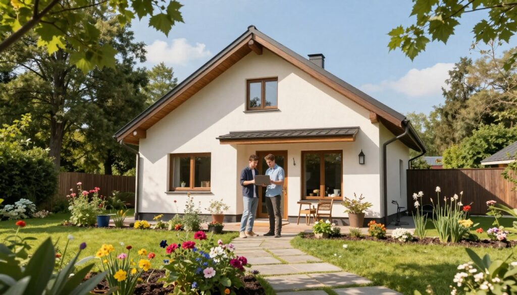 A scenic view of a cozy, modern home in Pomorze, symbolizing the entrepreneurial journey of the Bracia Rodzeń. In the foreground, a well-maintained garden with vibrant flowers and a stone path leading to the entrance. The middle ground features two figures, depicted as brothers, dressed in modest casual clothing, discussing plans while holding a laptop, embodying a sense of teamwork and creativity. In the background, tall trees and a clear blue sky emphasize a serene and inspiring environment. Natural sunlight filters through the leaves, casting soft shadows that create a warm and inviting atmosphere. The angle is slightly elevated to capture both the home and the brothers engaged in their work, showcasing a harmonious blend of nature and modern living. A scenic view of a cozy, modern home in Pomorze, symbolizing the entrepreneurial journey of the Bracia Rodzeń. In the foreground, a well-maintained garden with vibrant flowers and a stone path leading to the entrance. The middle ground features two figures, depicted as brothers, dressed in modest casual clothing, discussing plans while holding a laptop, embodying a sense of teamwork and creativity. In the background, tall trees and a clear blue sky emphasize a serene and inspiring environment. Natural sunlight filters through the leaves, casting soft shadows that create a warm and inviting atmosphere. The angle is slightly elevated to capture both the home and the brothers engaged in their work, showcasing a harmonious blend of nature and modern living.