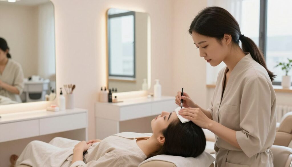 A serene and clean beauty salon interior featuring a professional aesthetician carefully washing a client's eyebrows after permanent makeup application. In the foreground, focus on the aesthetician, dressed in smart casual attire, using gentle cleansing products with a soft cloth. The middle ground includes a well-lit treatment chair where a relaxed client, also in modest casual clothing, is seated with an attentive expression. The background displays elegant mirrors, calming pastel colors, and soft lighting that enhances the tranquil atmosphere of the salon. Use natural light streaming in from a nearby window to create a warm and inviting mood, ideal for a skincare setting. A serene and clean beauty salon interior featuring a professional aesthetician carefully washing a client's eyebrows after permanent makeup application. In the foreground, focus on the aesthetician, dressed in smart casual attire, using gentle cleansing products with a soft cloth. The middle ground includes a well-lit treatment chair where a relaxed client, also in modest casual clothing, is seated with an attentive expression. The background displays elegant mirrors, calming pastel colors, and soft lighting that enhances the tranquil atmosphere of the salon. Use natural light streaming in from a nearby window to create a warm and inviting mood, ideal for a skincare setting.