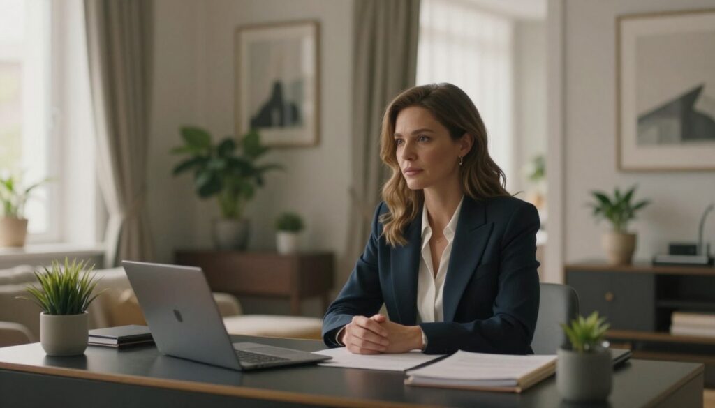 A serene and contemplative scene featuring Tatiana Okupnik, showcasing her commitment to privacy amidst media attention. In the foreground, Tatiana is sitting at an elegantly designed desk, dressed in a classy business outfit, with a thoughtful expression. The middle layer includes a stylish, modern home office environment filled with art and plants, symbolizing her personal space. The background reveals a soft-focus view through a large window with curtains slightly drawn, allowing gentle natural light to pour in, creating a warm and inviting atmosphere. The lens should capture the scene in a slight depth of field, highlighting Tatiana while subtly blurring the background. The overall mood is introspective and calm, reflecting her desire for privacy in a bustling world. A serene and contemplative scene featuring Tatiana Okupnik, showcasing her commitment to privacy amidst media attention. In the foreground, Tatiana is sitting at an elegantly designed desk, dressed in a classy business outfit, with a thoughtful expression. The middle layer includes a stylish, modern home office environment filled with art and plants, symbolizing her personal space. The background reveals a soft-focus view through a large window with curtains slightly drawn, allowing gentle natural light to pour in, creating a warm and inviting atmosphere. The lens should capture the scene in a slight depth of field, highlighting Tatiana while subtly blurring the background. The overall mood is introspective and calm, reflecting her desire for privacy in a bustling world.