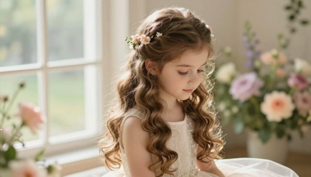 A serene and enchanting scene featuring a young girl with long, flowing hair styled in delicate romantic waves and soft curls, suitable for a special occasion. The girl sits gracefully, her hair cascading gently around her shoulders, adorned with subtle floral accents that enhance the elegant vibe. Soft, natural lighting filters through a nearby window, casting a gentle glow on her face and hair, highlighting the waves' silky texture. In the background, a blurred garden setting with pastel-colored flowers creates a tranquil atmosphere, evoking a sense of charm and innocence. The composition captures a perfect moment of delicate beauty, reminiscent of a joyful celebration, with a focus on the elegant hairstyle while maintaining a warm, inviting ambiance.