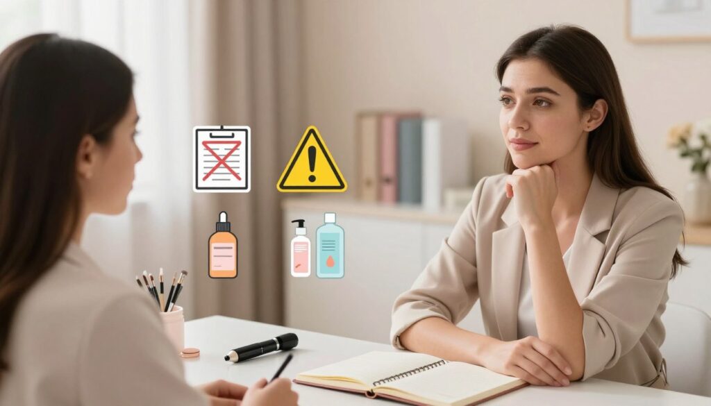 A serene and informative scene showcasing the concept of contraindications for permanent eyebrow makeup. In the foreground, a professional woman in modest business attire sits thoughtfully at a well-organized consultation table, with an open notebook and a cosmetic machine nearby. In the middle ground, various visual symbols representing contraindications are artistically arranged, such as a crossed-out medical chart, a caution sign, and illustrated skincare products, subtly blending into the setting. The background features soft, diffused lighting, illuminating a calm office environment with pastel colors, creating a mood of professionalism and care. The camera angle is slightly elevated, giving an overall clear and engaging perspective, ideal for illustrating the serious nature of this subject.
