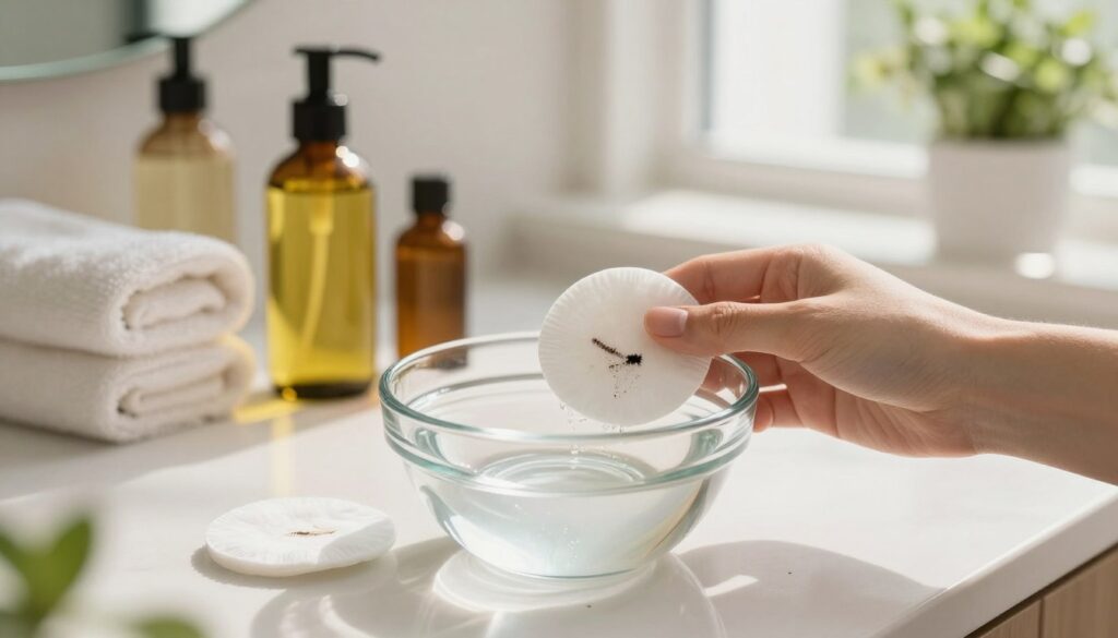 A serene and inviting bathroom scene focused on a gentle eye makeup removal process. In the foreground, a glass bowl filled with clear, soothing micellar water. Beside it, a soft cotton pad soaked in the liquid, ready to remove makeup, displaying remnants of eyeliner and mascara. In the middle ground, a well-lit vanity with natural light streaming through a window, casting a warm glow. Soft towels and natural skincare products, like olive oil and chamomile essence, are arranged neatly, exuding a calming atmosphere. In the background, light shades of green plants enhance the freshness of the space. The overall mood is tranquil and nurturing, emphasizing a gentle, effective technique for eye makeup removal without irritation.