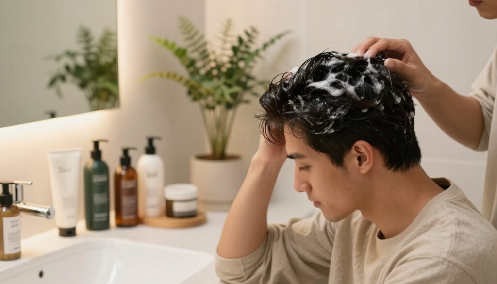 A serene and inviting hair care scene, focusing on a well-groomed male figure, showcasing a dedicated hair and scalp care routine. In the foreground, the young man, dressed in comfortable, modest casual attire, applies a nourishing scalp treatment, highlighting his structured hair. His expression exudes relaxation and care. In the middle ground, an array of high-quality hair care products, neatly organized with warm lighting reflecting off their elegant packaging. The background features a softly blurred bathroom with plants and a mirror, creating a calming atmosphere. The lighting is warm and natural, evoking a sense of tranquility and self-care. Capture the essence of meticulous grooming with an emphasis on healthy hair and scalp, suitable for modern hairstyles. A serene and inviting hair care scene, focusing on a well-groomed male figure, showcasing a dedicated hair and scalp care routine. In the foreground, the young man, dressed in comfortable, modest casual attire, applies a nourishing scalp treatment, highlighting his structured hair. His expression exudes relaxation and care. In the middle ground, an array of high-quality hair care products, neatly organized with warm lighting reflecting off their elegant packaging. The background features a softly blurred bathroom with plants and a mirror, creating a calming atmosphere. The lighting is warm and natural, evoking a sense of tranquility and self-care. Capture the essence of meticulous grooming with an emphasis on healthy hair and scalp, suitable for modern hairstyles.