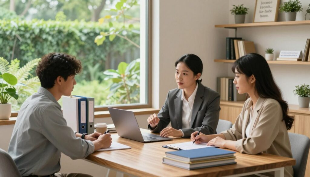 A serene and organized home office setting, featuring a large wooden desk with a laptop open, surrounded by neatly arranged folders and books. In the foreground, a diverse group of three professionals, two men and one woman, all dressed in smart casual attire, engage in a discussion over a care plan. Soft, warm lighting floods the room, creating a welcoming atmosphere. In the middle ground, a large window offers a view of a vibrant, green garden, bringing nature inside. The background features shelves lined with inspirational quotes and plants, enhancing a calm yet productive ambiance. The scene captures the essence of daily life and care organization in practice, emanating professionalism and collaboration. A serene and organized home office setting, featuring a large wooden desk with a laptop open, surrounded by neatly arranged folders and books. In the foreground, a diverse group of three professionals, two men and one woman, all dressed in smart casual attire, engage in a discussion over a care plan. Soft, warm lighting floods the room, creating a welcoming atmosphere. In the middle ground, a large window offers a view of a vibrant, green garden, bringing nature inside. The background features shelves lined with inspirational quotes and plants, enhancing a calm yet productive ambiance. The scene captures the essence of daily life and care organization in practice, emanating professionalism and collaboration.