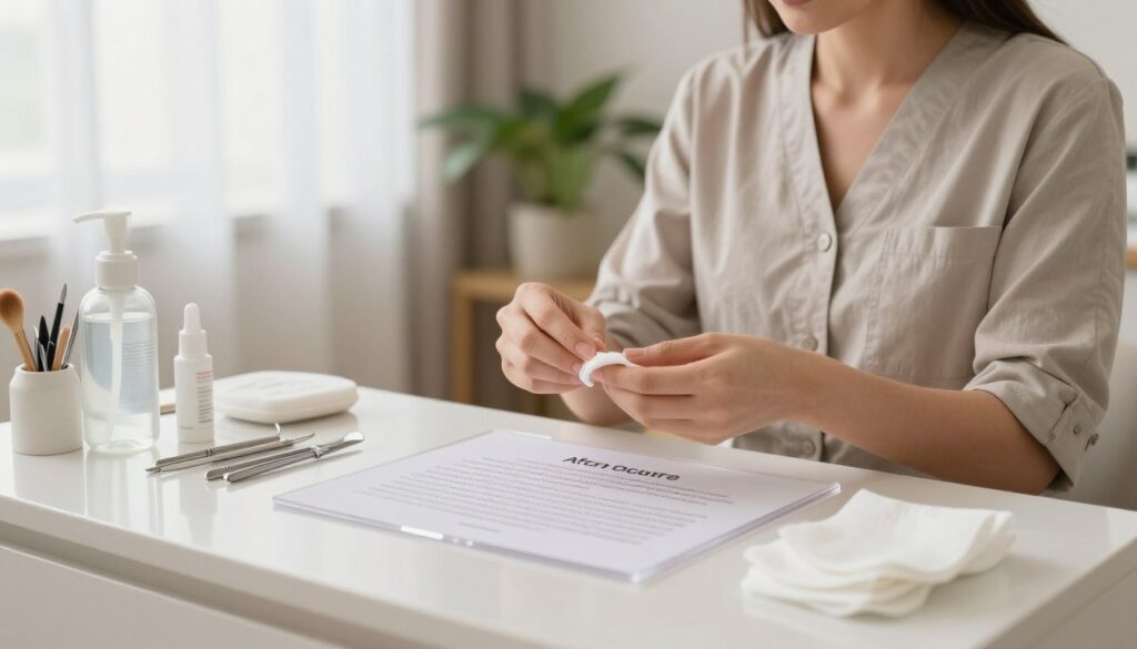A serene and well-lit clinic room dedicated to post-permanent makeup healing, focusing on a close-up view of clear instructions displayed on a clean countertop. In the foreground, neatly organized tools for skin care, such as a gentle cleanser, soothing ointment, and cotton pads. In the middle, a professional practitioner dressed in modest casual clothing, demonstrating correct aftercare techniques with carefully positioned hands. The background features calming colors, soft light filtering through sheer curtains, and a potted plant to create a tranquil atmosphere. The image captures a sense of professionalism and safety, emphasizing the importance of healing and self-care. Overall, it evokes a mood of reassurance and well-being. A serene and well-lit clinic room dedicated to post-permanent makeup healing, focusing on a close-up view of clear instructions displayed on a clean countertop. In the foreground, neatly organized tools for skin care, such as a gentle cleanser, soothing ointment, and cotton pads. In the middle, a professional practitioner dressed in modest casual clothing, demonstrating correct aftercare techniques with carefully positioned hands. The background features calming colors, soft light filtering through sheer curtains, and a potted plant to create a tranquil atmosphere. The image captures a sense of professionalism and safety, emphasizing the importance of healing and self-care. Overall, it evokes a mood of reassurance and well-being.