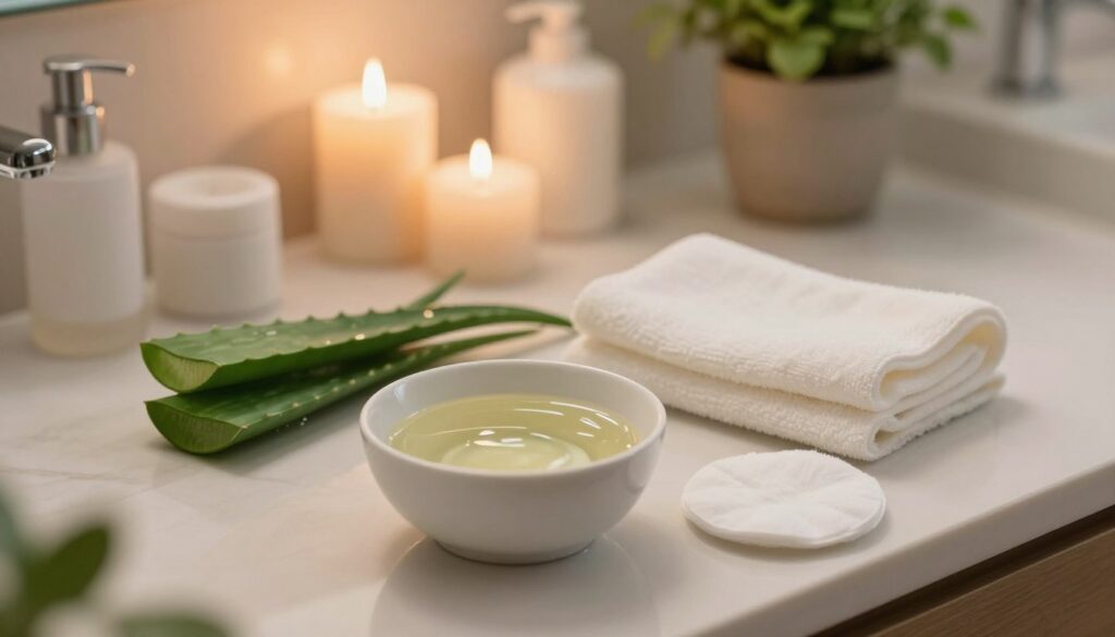 A serene bathroom scene showcasing a variety of natural emergency makeup removal methods. In the foreground, place a small bowl filled with coconut oil and a cotton pad, suggesting a quick fix for makeup removal in a pinch. In the middle, include a clean, soft washcloth beside the bowl, with fresh aloe vera leaves adding a touch of green. The background should show a softly lit bathroom counter with muted colors, featuring delicate candles and a potted plant, creating a soothing ambiance. Utilize warm, diffused lighting to enhance the calming atmosphere, emphasizing simplicity and resourcefulness in emergency situations. Capture the scene from a slightly elevated angle for a comprehensive view. A serene bathroom scene showcasing a variety of natural emergency makeup removal methods. In the foreground, place a small bowl filled with coconut oil and a cotton pad, suggesting a quick fix for makeup removal in a pinch. In the middle, include a clean, soft washcloth beside the bowl, with fresh aloe vera leaves adding a touch of green. The background should show a softly lit bathroom counter with muted colors, featuring delicate candles and a potted plant, creating a soothing ambiance. Utilize warm, diffused lighting to enhance the calming atmosphere, emphasizing simplicity and resourcefulness in emergency situations. Capture the scene from a slightly elevated angle for a comprehensive view.