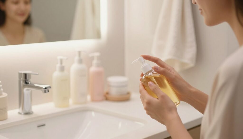 A serene bathroom setting, featuring a modern, elegant countertop with a soft-focus on skincare products essential for double cleansing. In the foreground, a woman in modest casual clothing gently massages a cleansing oil onto her face, her expression relaxed and peaceful. The middle ground showcases various skincare bottles artfully arranged, each reflecting soft hues of white and pastels. The background features a subtly illuminated mirror, creating an inviting atmosphere with warm, diffused lighting. A fluffy towel hangs nearby, enhancing the sense of comfort and care. The overall mood is calming and rejuvenating, emphasizing the importance of effective skincare without irritation. A serene bathroom setting, featuring a modern, elegant countertop with a soft-focus on skincare products essential for double cleansing. In the foreground, a woman in modest casual clothing gently massages a cleansing oil onto her face, her expression relaxed and peaceful. The middle ground showcases various skincare bottles artfully arranged, each reflecting soft hues of white and pastels. The background features a subtly illuminated mirror, creating an inviting atmosphere with warm, diffused lighting. A fluffy towel hangs nearby, enhancing the sense of comfort and care. The overall mood is calming and rejuvenating, emphasizing the importance of effective skincare without irritation.