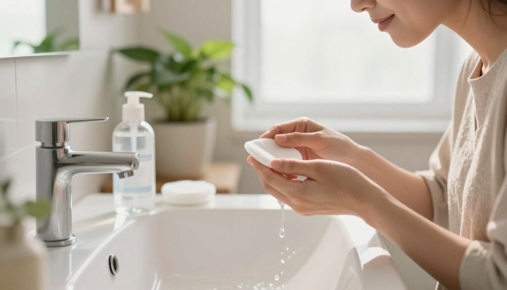 A serene bathroom setting featuring a modern sink with elegant skincare products arranged neatly. In the foreground, a person in modest, casual clothing gently applies a cleansing oil to their face, demonstrating the first step of double-cleansing. Soft morning light filters through a window, creating a warm and inviting atmosphere. The middle ground showcases a clear bottle of micellar water and a cotton pad, essential for the second cleansing step. In the background, potted green plants add a touch of nature, enhancing the calming vibe. The focus is sharp on the individual’s face, highlighting the gentle motion of the cleansing routine, while maintaining a blurred effect on the background for a professional, polished look.