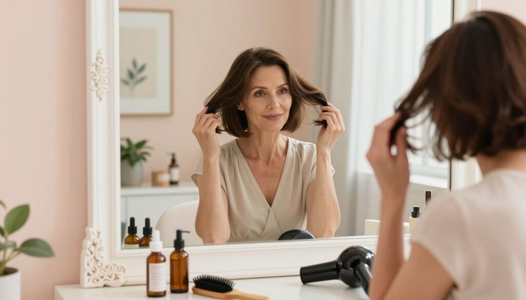 A serene bathroom setting focused on hair care, featuring a stylish bob hairstyle on a 40-year-old woman. She is applying a nourishing serum to her hair, sitting in front of a well-lit mirror framed with elegant decor. The foreground highlights a small table with hair care products including oils, brushes, and a diffuser. In the middle, the woman wears a chic, modest outfit, exuding confidence and poise, with soft natural lighting illuminating her features for a fresh and youthful appearance. The background includes soft, pastel-colored walls with tasteful artwork and plants, creating a calming atmosphere. The angle captures her reflection in the mirror, emphasizing her hair and the routine of daily hair care and styling. A serene bathroom setting focused on hair care, featuring a stylish bob hairstyle on a 40-year-old woman. She is applying a nourishing serum to her hair, sitting in front of a well-lit mirror framed with elegant decor. The foreground highlights a small table with hair care products including oils, brushes, and a diffuser. In the middle, the woman wears a chic, modest outfit, exuding confidence and poise, with soft natural lighting illuminating her features for a fresh and youthful appearance. The background includes soft, pastel-colored walls with tasteful artwork and plants, creating a calming atmosphere. The angle captures her reflection in the mirror, emphasizing her hair and the routine of daily hair care and styling.