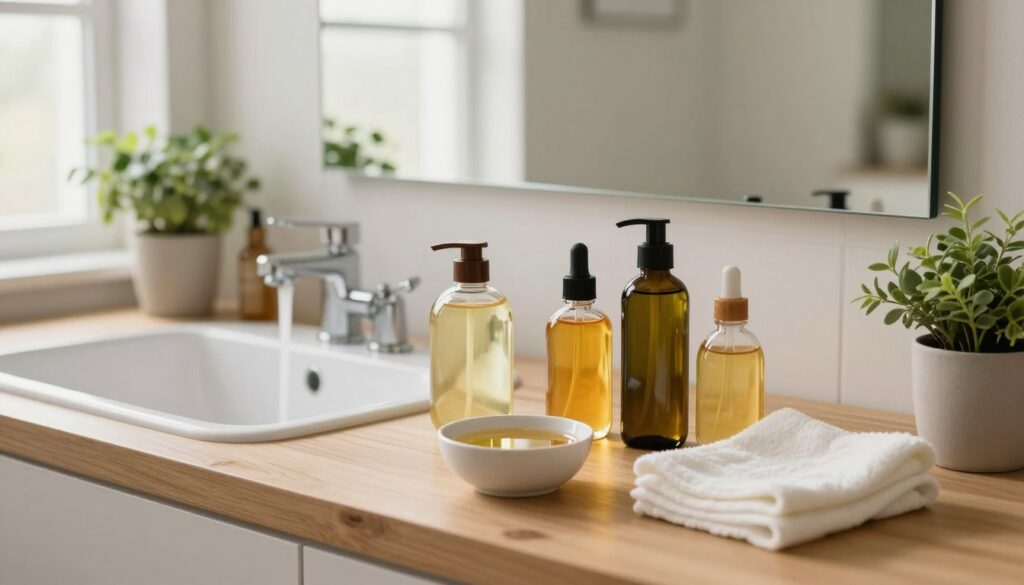 A serene bathroom setting with soft, diffused natural light streaming through a window. In the foreground, a wooden countertop displays an array of natural skincare products such as coconut oil, honey, and olive oil in elegant glass jars, accompanied by a small bowl of warm water and a soft washcloth. In the middle ground, a visible sink with running water reflects the calming atmosphere. Soft greenery in small pots adds a touch of nature, enhancing the tranquility. The background features a large mirror reflecting the neat and organized space. The mood is peaceful and inviting, conveying the essence of a relaxing home facial cleansing routine, suitable for various skin types. The angle captures the entire countertop scene, showcasing the natural ingredients in use.