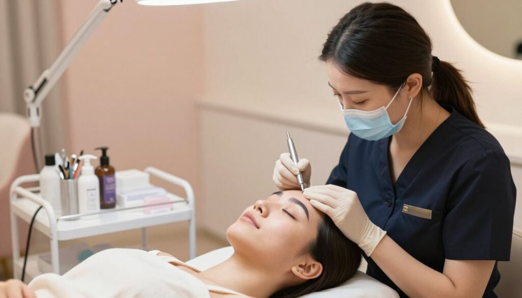 A serene beauty salon interior featuring a professional aesthetician applying permanent makeup to a client's eyebrows. In the foreground, the aesthetician, dressed in a smart, professional outfit, carefully uses a sterile tool while the client, relaxed in a comfortable chair, receives treatment. The client displays a calm expression with eyes closed, reflecting a sense of trust and comfort. Soft, warm lighting enhances the welcoming atmosphere, and tools and equipment are neatly arranged on a nearby table. In the background, gentle pastel colors create a soothing environment. The overall mood conveys expertise and care, highlighting the theme of pain sensations and the use of anesthesia in the beauty process.