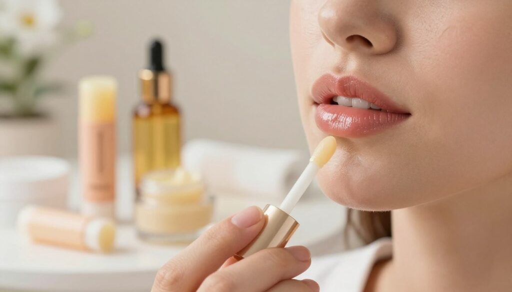 A serene beauty scene showcasing the meticulous care of lips post-permanent makeup treatment. In the foreground, a close-up of a woman’s face with a soft focus, showcasing her well-defined, naturally colored lips, reflecting a hydrated, glossy finish. She applies a neutral lip balm with a small applicator, demonstrating self-care. The middle ground features an array of aesthetically arranged products for lip care, including a luxurious lip balm, a small jar of natural oil, and soothing salves, all artistically blurred. In the background, a softly lit spa-like atmosphere with light, warm colors and delicate plants evokes tranquility and relaxation. The overall mood should feel calm and inviting, emphasizing the importance of nurturing beauty following a cosmetic procedure, captured with gentle, diffused lighting for warmth. A serene beauty scene showcasing the meticulous care of lips post-permanent makeup treatment. In the foreground, a close-up of a woman’s face with a soft focus, showcasing her well-defined, naturally colored lips, reflecting a hydrated, glossy finish. She applies a neutral lip balm with a small applicator, demonstrating self-care. The middle ground features an array of aesthetically arranged products for lip care, including a luxurious lip balm, a small jar of natural oil, and soothing salves, all artistically blurred. In the background, a softly lit spa-like atmosphere with light, warm colors and delicate plants evokes tranquility and relaxation. The overall mood should feel calm and inviting, emphasizing the importance of nurturing beauty following a cosmetic procedure, captured with gentle, diffused lighting for warmth.