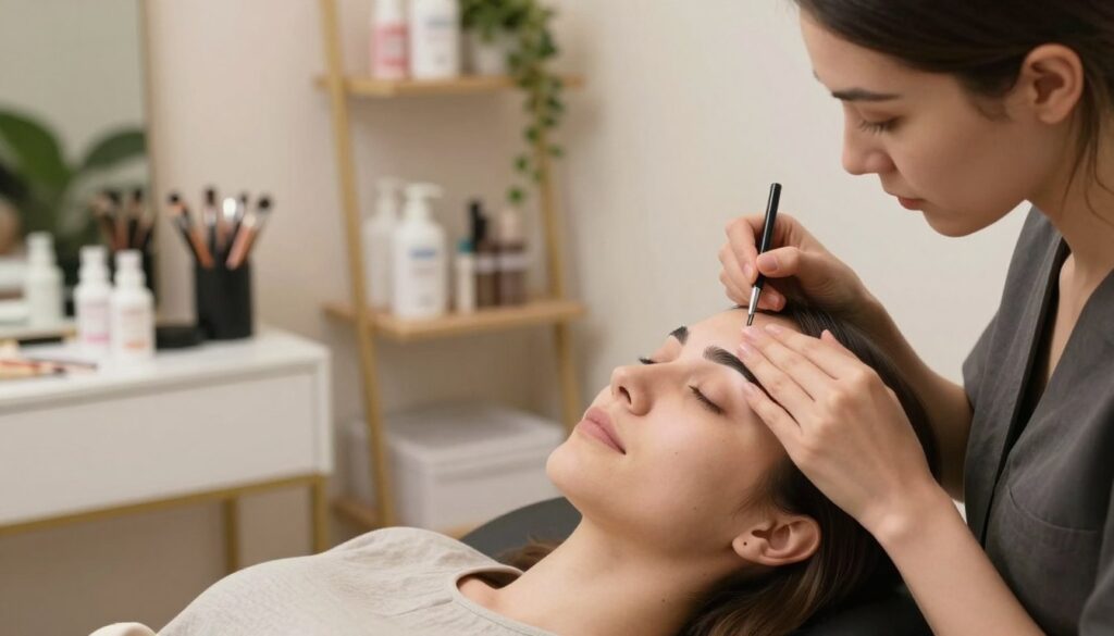 A serene beauty studio scene focusing on brow care and permanent makeup. In the foreground, a skilled beauty technician gently applies a semi-permanent brow treatment on a client's eyebrows, showcasing her expert precision. The client, a woman in modest casual attire, appears relaxed in a comfortable chair, with soft lighting accentuating her skin tone. In the middle background, elegant shelves stocked with makeup tools, brow pencils, and skin care products add to the professional atmosphere. The walls are painted in calming neutral tones, with a hint of greenery from potted plants. Warm, diffused lighting enhances the inviting ambiance, while a close-up angle emphasizes the detailed process of brow grooming. The overall mood is tranquil and focused, reflecting meticulous skin care and post-treatment attention. A serene beauty studio scene focusing on brow care and permanent makeup. In the foreground, a skilled beauty technician gently applies a semi-permanent brow treatment on a client's eyebrows, showcasing her expert precision. The client, a woman in modest casual attire, appears relaxed in a comfortable chair, with soft lighting accentuating her skin tone. In the middle background, elegant shelves stocked with makeup tools, brow pencils, and skin care products add to the professional atmosphere. The walls are painted in calming neutral tones, with a hint of greenery from potted plants. Warm, diffused lighting enhances the inviting ambiance, while a close-up angle emphasizes the detailed process of brow grooming. The overall mood is tranquil and focused, reflecting meticulous skin care and post-treatment attention.