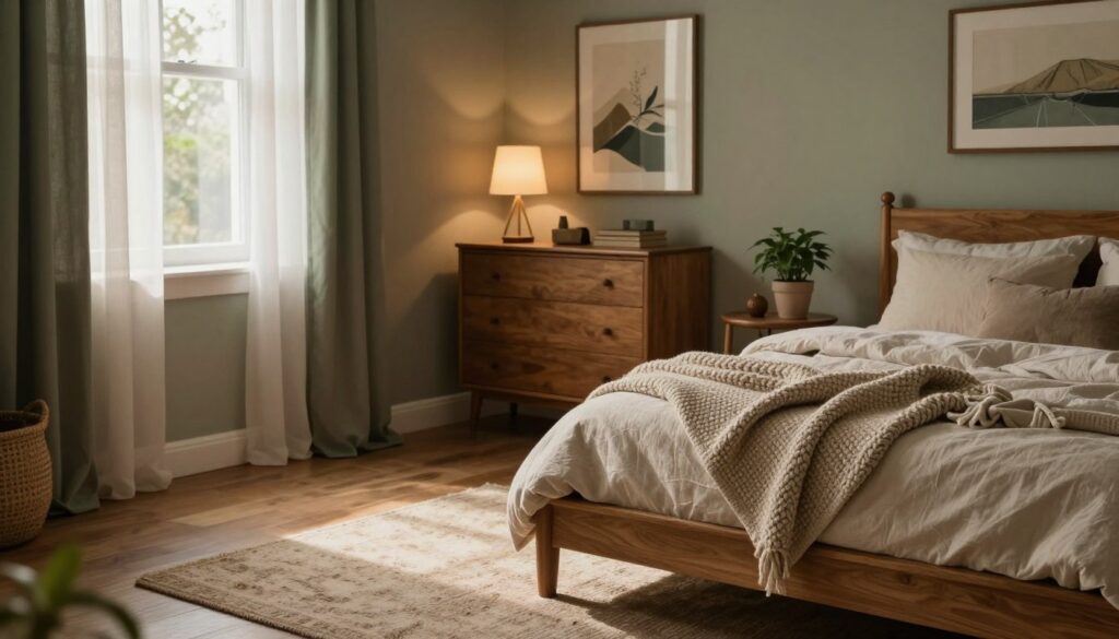 A serene bedroom featuring earthy tones, with warm browns, soft greens, and muted beiges. In the foreground, a cozy wooden bed adorned with neutral linens and a chunky knit throw. A bedside table displays a small potted plant and a softly glowing lamp. In the middle, a plush area rug adds texture to the space, with a vintage dresser against the wall. Light filters gently through sheer curtains, creating a warm and inviting atmosphere. In the background, calming artwork echoes the color palette, while a window reveals a glimpse of nature outside. The mood is tranquil and comforting, perfect for relaxing and unwinding. Shot from a slight angle to capture the depth and warmth of the room. A serene bedroom featuring earthy tones, with warm browns, soft greens, and muted beiges. In the foreground, a cozy wooden bed adorned with neutral linens and a chunky knit throw. A bedside table displays a small potted plant and a softly glowing lamp. In the middle, a plush area rug adds texture to the space, with a vintage dresser against the wall. Light filters gently through sheer curtains, creating a warm and inviting atmosphere. In the background, calming artwork echoes the color palette, while a window reveals a glimpse of nature outside. The mood is tranquil and comforting, perfect for relaxing and unwinding. Shot from a slight angle to capture the depth and warmth of the room.