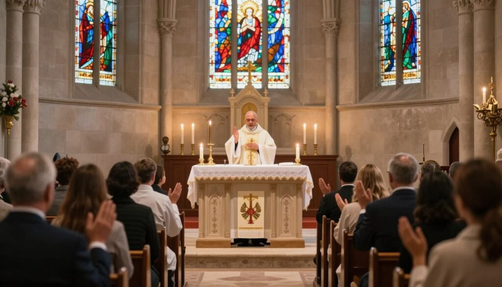 A serene church interior during a healing and deliverance mass. In the foreground, a diverse group of attendees, dressed in modest, professional attire, participate in a moment of prayer with hands raised. The middle section features a priest, wearing traditional vestments, leading the service at an altar adorned with flickering candles and sacred symbols. Soft, warm lighting illuminates the scene, enhancing the spiritual atmosphere. In the background, stained glass windows cast colorful patterns on the stone walls, while a gentle, ethereal glow envelops the space, symbolizing hope and divine presence. The overall mood is one of reflection, faith, and community, creating a welcoming environment for spiritual healing. A serene church interior during a healing and deliverance mass. In the foreground, a diverse group of attendees, dressed in modest, professional attire, participate in a moment of prayer with hands raised. The middle section features a priest, wearing traditional vestments, leading the service at an altar adorned with flickering candles and sacred symbols. Soft, warm lighting illuminates the scene, enhancing the spiritual atmosphere. In the background, stained glass windows cast colorful patterns on the stone walls, while a gentle, ethereal glow envelops the space, symbolizing hope and divine presence. The overall mood is one of reflection, faith, and community, creating a welcoming environment for spiritual healing.