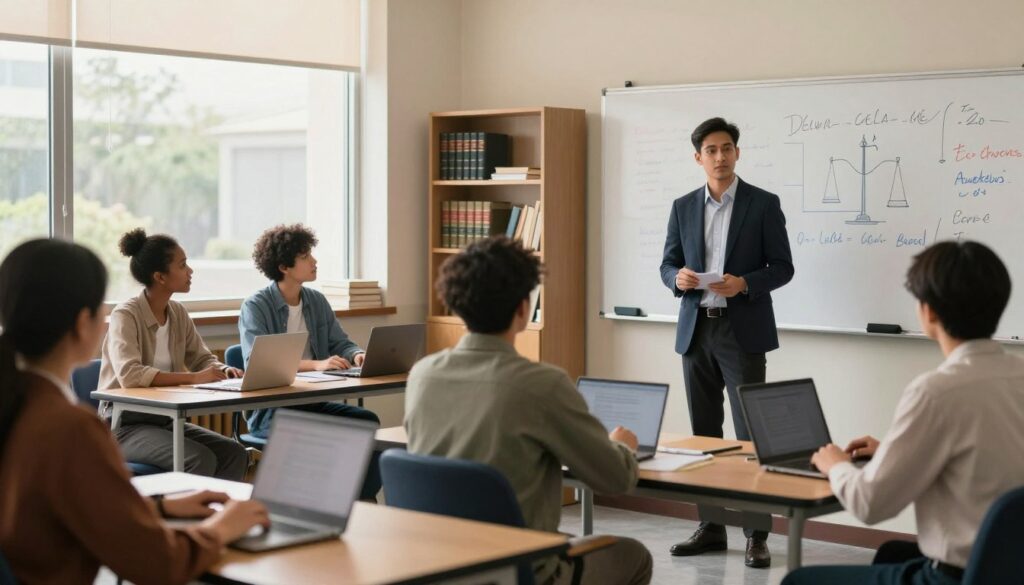 A serene classroom setting that symbolizes justice education, featuring a diverse group of students engaged in learning. In the foreground, a confident male teacher in a professional outfit explains a complex legal concept on a digital whiteboard. The middle ground showcases students of various ethnicities, seated at desks with laptops open, actively participating in a discussion. The background reveals large windows with soft natural lighting filtering in, illuminating the room with a warm glow. Shelves filled with law books and educational materials add depth to the environment. The overall mood is focused and inspiring, reflecting the importance of justice education in shaping future leaders. A serene classroom setting that symbolizes justice education, featuring a diverse group of students engaged in learning. In the foreground, a confident male teacher in a professional outfit explains a complex legal concept on a digital whiteboard. The middle ground showcases students of various ethnicities, seated at desks with laptops open, actively participating in a discussion. The background reveals large windows with soft natural lighting filtering in, illuminating the room with a warm glow. Shelves filled with law books and educational materials add depth to the environment. The overall mood is focused and inspiring, reflecting the importance of justice education in shaping future leaders.