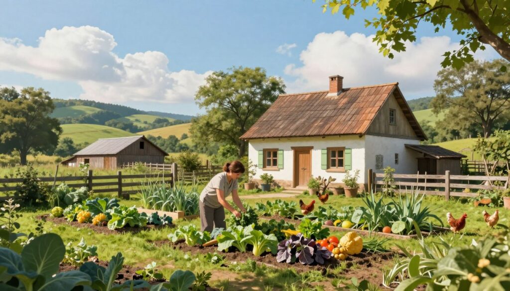 A serene countryside scene depicting a typical day in rural life, focusing on a modest, charming house surrounded by lush greenery. In the foreground, a woman in comfortable, casual attire is tending to a vibrant vegetable garden filled with colorful produce. The middle ground features a rustic wooden fence and a few chickens pecking on the ground, while a cozy barn can be seen in the distance. The backdrop showcases rolling hills under a bright blue sky with fluffy white clouds. Soft, warm sunlight bathes the landscape, creating a peaceful, inviting atmosphere. The overall mood is tranquil, reflecting a harmonious connection with nature, emphasizing the simplicity and beauty of rural living. A serene countryside scene depicting a typical day in rural life, focusing on a modest, charming house surrounded by lush greenery. In the foreground, a woman in comfortable, casual attire is tending to a vibrant vegetable garden filled with colorful produce. The middle ground features a rustic wooden fence and a few chickens pecking on the ground, while a cozy barn can be seen in the distance. The backdrop showcases rolling hills under a bright blue sky with fluffy white clouds. Soft, warm sunlight bathes the landscape, creating a peaceful, inviting atmosphere. The overall mood is tranquil, reflecting a harmonious connection with nature, emphasizing the simplicity and beauty of rural living.
