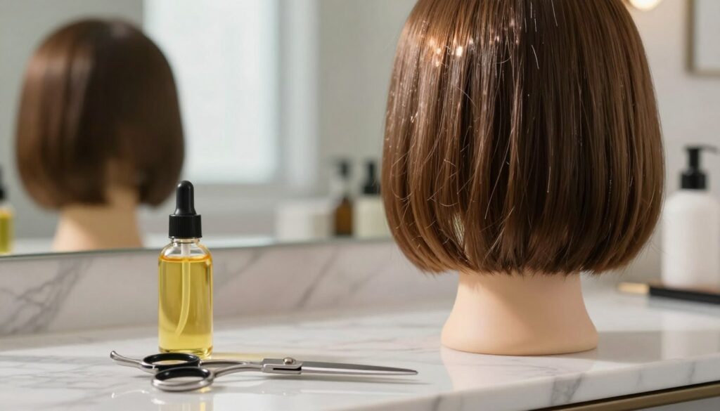A serene hair care scene focusing on the maintenance of hair ends, showcasing a close-up of healthy, glowing hair tips. In the foreground, a pair of professional scissors and a small bottle of nourishing hair oil are elegantly arranged on a marble counter. The middle ground features a stylish bob hairstyle mannequin head, with light reflecting off the well-maintained, shiny hair. The background is softly blurred, highlighting a beautiful bathroom setting with natural light streaming in through a window, creating an inviting atmosphere. The overall mood is calming and sophisticated, emphasizing the importance of hair care and shine maintenance. Use soft, diffuse lighting to accentuate the textures of the hair and accessories, captured at eye level for a personal touch. A serene hair care scene focusing on the maintenance of hair ends, showcasing a close-up of healthy, glowing hair tips. In the foreground, a pair of professional scissors and a small bottle of nourishing hair oil are elegantly arranged on a marble counter. The middle ground features a stylish bob hairstyle mannequin head, with light reflecting off the well-maintained, shiny hair. The background is softly blurred, highlighting a beautiful bathroom setting with natural light streaming in through a window, creating an inviting atmosphere. The overall mood is calming and sophisticated, emphasizing the importance of hair care and shine maintenance. Use soft, diffuse lighting to accentuate the textures of the hair and accessories, captured at eye level for a personal touch.