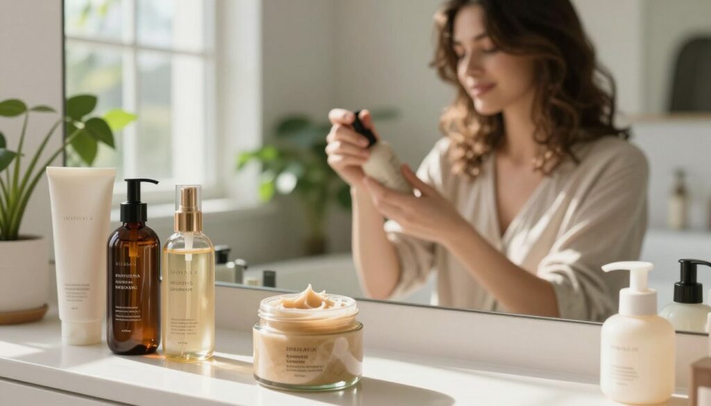 A serene hair care scene in a bright, airy bathroom. In the foreground, a well-organized vanity is adorned with elegant hair care products like serums and conditioners, highlighting their luxurious textures. A glass jar filled with a natural hair mask glistens under soft, diffused sunlight streaming in from a nearby window. The middle ground features a stylish woman with layered shag haircut, gently applying a leave-in conditioner. She wears modest, casual attire, radiating a graceful, relaxed vibe. In the background, lush green plants enhance the atmosphere, symbolizing health and vitality. The overall mood is calm and inviting, emphasizing the importance of maintaining healthy ends through proper hair care. The image is shot from a slightly elevated angle, focusing on texture and light while maintaining a warm color palette. A serene hair care scene in a bright, airy bathroom. In the foreground, a well-organized vanity is adorned with elegant hair care products like serums and conditioners, highlighting their luxurious textures. A glass jar filled with a natural hair mask glistens under soft, diffused sunlight streaming in from a nearby window. The middle ground features a stylish woman with layered shag haircut, gently applying a leave-in conditioner. She wears modest, casual attire, radiating a graceful, relaxed vibe. In the background, lush green plants enhance the atmosphere, symbolizing health and vitality. The overall mood is calm and inviting, emphasizing the importance of maintaining healthy ends through proper hair care. The image is shot from a slightly elevated angle, focusing on texture and light while maintaining a warm color palette.