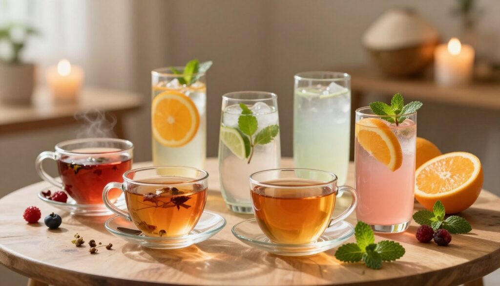 A serene, inviting scene depicting alternative hydration beverages suitable for consumption before a permanent makeup appointment. In the foreground, a beautifully arranged spread of colorful herbal teas, fresh fruit-infused water, and coconut water in elegant glassware, showcasing vibrant colors like orange, green, and pink. The middle ground features a delicate wooden table adorned with fresh fruits such as berries, citrus, and mint leaves, enhancing the natural and refreshing theme. In the background, softly blurred, there are warm-toned ambient lights that create a calm, soothing atmosphere, suggesting a spa-like setting. The composition should convey tranquility and wellness, encouraging viewers to prioritize hydration. Soft sunlight filters through, illuminating the beverages and fruits, creating a warm and inviting mood. A serene, inviting scene depicting alternative hydration beverages suitable for consumption before a permanent makeup appointment. In the foreground, a beautifully arranged spread of colorful herbal teas, fresh fruit-infused water, and coconut water in elegant glassware, showcasing vibrant colors like orange, green, and pink. The middle ground features a delicate wooden table adorned with fresh fruits such as berries, citrus, and mint leaves, enhancing the natural and refreshing theme. In the background, softly blurred, there are warm-toned ambient lights that create a calm, soothing atmosphere, suggesting a spa-like setting. The composition should convey tranquility and wellness, encouraging viewers to prioritize hydration. Soft sunlight filters through, illuminating the beverages and fruits, creating a warm and inviting mood.