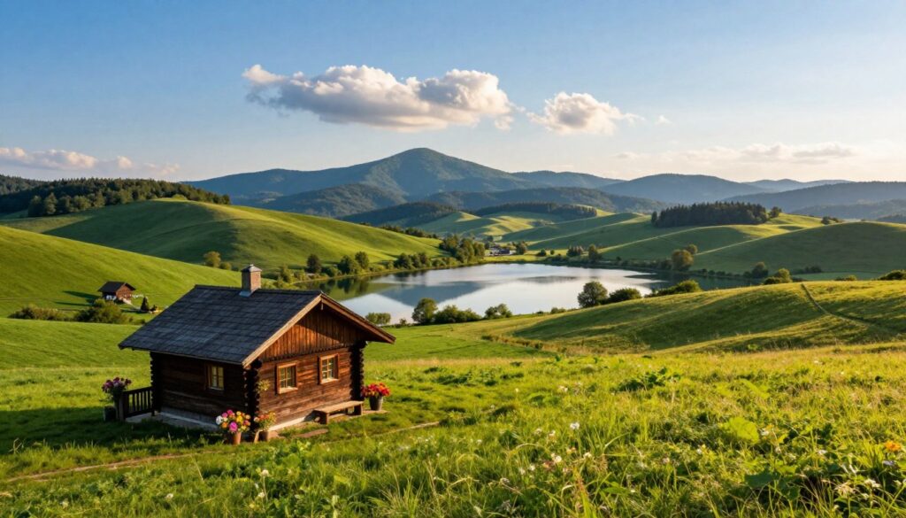 A serene landscape in Małopolska, featuring a peaceful countryside scene. In the foreground, a quaint wooden cottage adorned with vibrant flowers and lush greenery, symbolizing tranquility. In the middle ground, rolling hills and a tranquil lake reflecting the clear blue sky, with soft clouds drifting lazily overhead. The background showcases distant mountains rising majestically, enhancing the sense of isolation and calm. The lighting is warm and soft, suggesting late afternoon sunlight casting gentle shadows. The mood is inviting and serene, perfect for illustrating a retreat into nature. No people in the scene, ensuring a focus on the beauty of the landscape without distractions. A serene landscape in Małopolska, featuring a peaceful countryside scene. In the foreground, a quaint wooden cottage adorned with vibrant flowers and lush greenery, symbolizing tranquility. In the middle ground, rolling hills and a tranquil lake reflecting the clear blue sky, with soft clouds drifting lazily overhead. The background showcases distant mountains rising majestically, enhancing the sense of isolation and calm. The lighting is warm and soft, suggesting late afternoon sunlight casting gentle shadows. The mood is inviting and serene, perfect for illustrating a retreat into nature. No people in the scene, ensuring a focus on the beauty of the landscape without distractions.