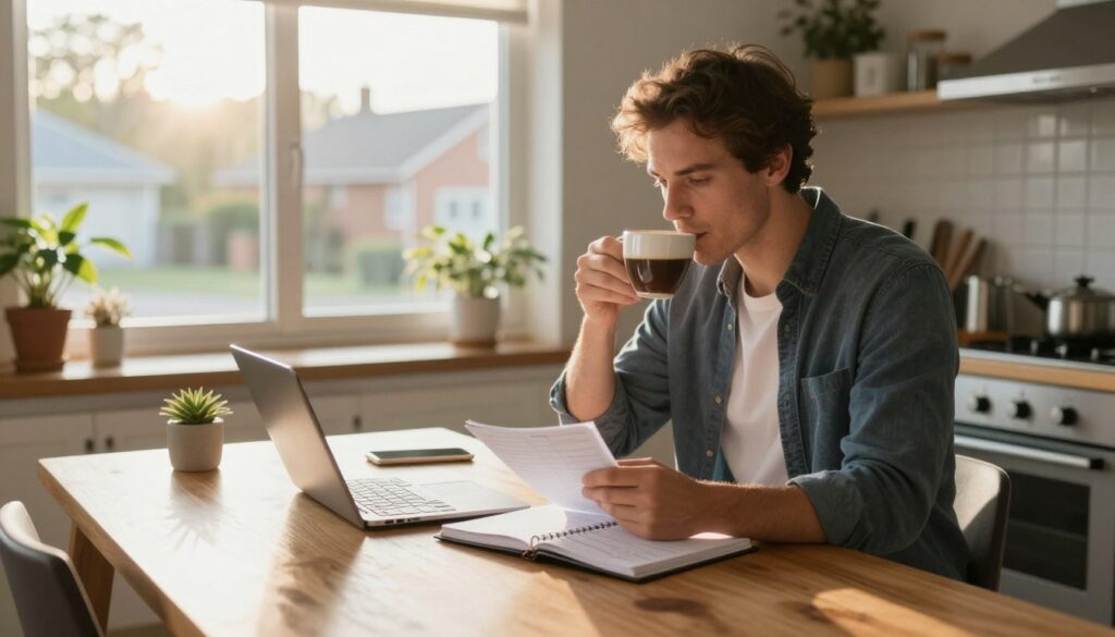 A serene morning scene capturing the essence of a daily routine. In the foreground, a professional man in smart casual attire is sitting at a wooden kitchen table, sipping coffee and reviewing a planner filled with notes. His expression reflects focus and determination. In the middle, the sun rays stream through a large window, illuminating the warm tones of the kitchen, which is adorned with plants and modern appliances. In the background, a peaceful neighborhood is visible, suggestive of a quiet suburban lifestyle. The lighting is soft, creating a calm and inspiring atmosphere. The composition should evoke productivity and a sense of balance in life after career changes. Shot from a slight angle to emphasize depth and warmth in the scene.