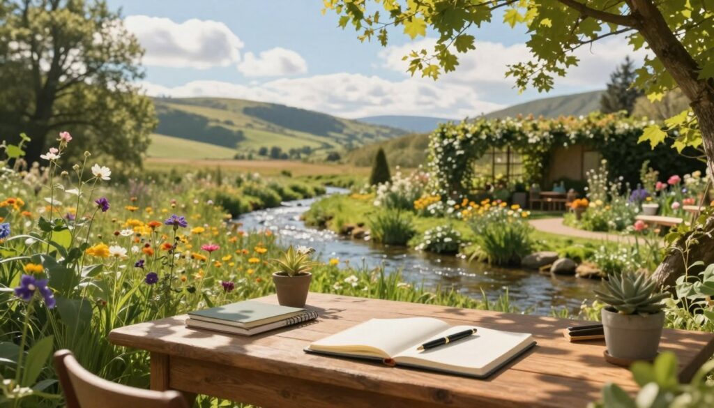 A serene natural landscape representing the influence of nature on creativity. In the foreground, a peaceful writing desk made of rustic wood, scattered with notebooks and a fountain pen, surrounded by lush green plants and blooming flowers, symbolizing inspiration. In the middle ground, a gentle stream flows among vibrant wildflowers, while a secluded, sun-drenched garden offers a space for reflection. The background features rolling hills and a soft blue sky, dotted with fluffy white clouds, conveying tranquility. The sunlight filters through the leaves, casting dappled shadows across the scene. Capture this with a warm color palette and soft, diffused lighting for an inviting, contemplative mood, using a slightly elevated angle to encompass the landscape's beauty.