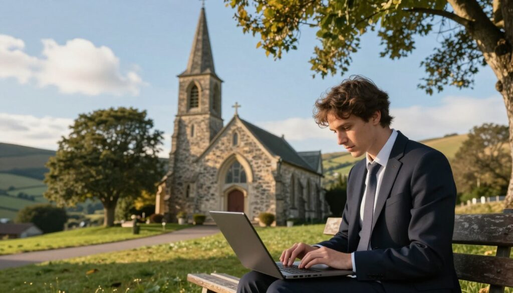 A serene outdoor scene depicting a small, quaint church nestled among gently rolling hills. In the foreground, a well-dressed person in professional attire is using a laptop, attentively researching information about pastoral activities and community engagement. Their focused expression highlights the importance of verifying information. The middle of the image features the church, constructed from warm stone, with trees providing shade and a welcoming ambiance. In the background, a clear blue sky with soft, fluffy clouds accentuates the peaceful setting. The lighting is warm and inviting, creating a tranquil atmosphere. The composition captures the essence of diligence and care in gathering information about pastoral work, emphasizing a sense of community and spirituality. A serene outdoor scene depicting a small, quaint church nestled among gently rolling hills. In the foreground, a well-dressed person in professional attire is using a laptop, attentively researching information about pastoral activities and community engagement. Their focused expression highlights the importance of verifying information. The middle of the image features the church, constructed from warm stone, with trees providing shade and a welcoming ambiance. In the background, a clear blue sky with soft, fluffy clouds accentuates the peaceful setting. The lighting is warm and inviting, creating a tranquil atmosphere. The composition captures the essence of diligence and care in gathering information about pastoral work, emphasizing a sense of community and spirituality.