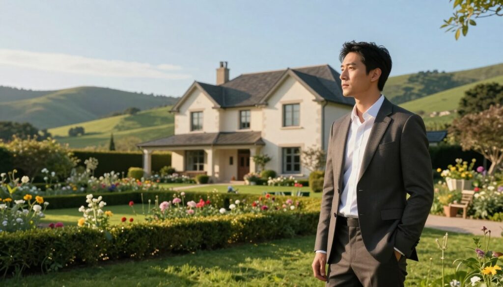 A serene outdoor scene depicting an elegant home nestled in a lush green landscape, symbolizing privacy and tranquility. In the foreground, a stylishly dressed man in professional attire gazes thoughtfully towards the distance, embodying a sense of introspection. The middle ground features a well-maintained garden with blooming flowers and hedges that create a natural barrier, adding to the theme of privacy. The background showcases gentle rolling hills under a bright blue sky, with soft, warm sunlight casting a golden hue across the scene. The atmosphere is calm and contemplative, inviting viewers to reflect on the importance of safeguarding one’s personal space. The composition should evoke a sense of peaceful solitude and the beauty of living away from the public eye.
