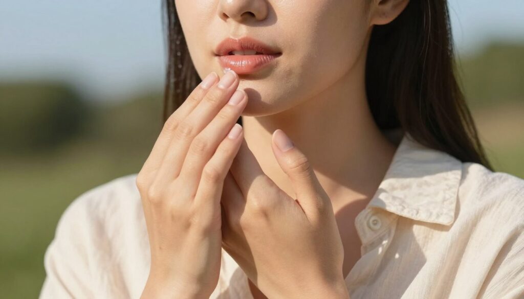 A serene outdoor setting featuring a close-up of a woman applying a protective balm to her lips, emphasizing care and protection for her newly tinted lips. The foreground should highlight her hands gently spreading the balm, focusing on the texture and smooth application. In the middle, her face is softly illuminated by warm sunlight, showcasing her relaxed expression as she enjoys the moment. She is wearing a light, breathable shirt appropriate for a sunny day, blending style with modesty. The background features a blurred landscape of greenery and a faint blue sky, evoking a calming atmosphere. The lighting is natural and bright, capturing the essence of sun protection and outdoor beauty, while maintaining a polished and professional look. A serene outdoor setting featuring a close-up of a woman applying a protective balm to her lips, emphasizing care and protection for her newly tinted lips. The foreground should highlight her hands gently spreading the balm, focusing on the texture and smooth application. In the middle, her face is softly illuminated by warm sunlight, showcasing her relaxed expression as she enjoys the moment. She is wearing a light, breathable shirt appropriate for a sunny day, blending style with modesty. The background features a blurred landscape of greenery and a faint blue sky, evoking a calming atmosphere. The lighting is natural and bright, capturing the essence of sun protection and outdoor beauty, while maintaining a polished and professional look.
