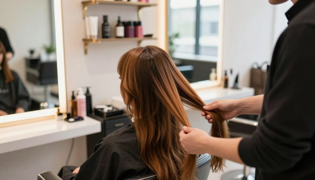 A serene salon setting featuring a professional hair stylist gently caring for long, flowing hair. In the foreground, a stylist with modest casual clothing is applying a nourishing treatment to the hair of a seated client. The client, showcasing smooth and vibrant locks, is focused on the care process, capturing the essence of professional hair maintenance. In the middle ground, shelves filled with elegant hair products and accessories add depth. The background displays soft lighting that creates a warm, inviting atmosphere with large windows letting in natural light. The overall mood conveys relaxation and luxury, emphasizing the importance of professional hair care for long hair. The scene is shot from a slightly elevated angle for an intimate perspective. A serene salon setting featuring a professional hair stylist gently caring for long, flowing hair. In the foreground, a stylist with modest casual clothing is applying a nourishing treatment to the hair of a seated client. The client, showcasing smooth and vibrant locks, is focused on the care process, capturing the essence of professional hair maintenance. In the middle ground, shelves filled with elegant hair products and accessories add depth. The background displays soft lighting that creates a warm, inviting atmosphere with large windows letting in natural light. The overall mood conveys relaxation and luxury, emphasizing the importance of professional hair care for long hair. The scene is shot from a slightly elevated angle for an intimate perspective.