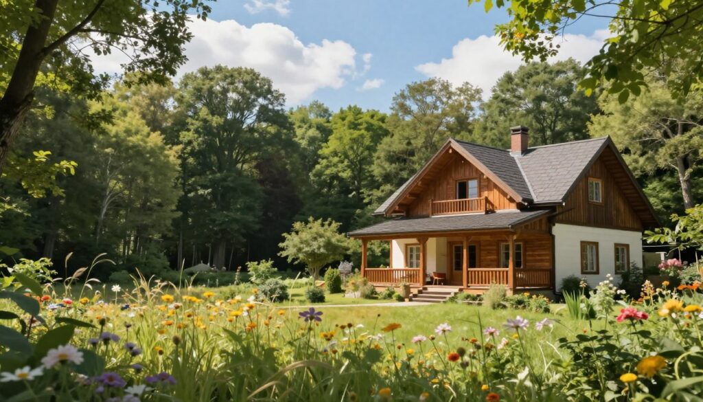 A serene scene depicting a second home nestled between lush green forests and open fields. In the foreground, a charming rustic house with wooden accents and a warm inviting porch. The middle ground features vibrant wildflowers swaying gently in the breeze, alongside a well-tended garden. In the background, tall trees create a calming canopy, with sunlight filtering through their leaves, casting dappled shadows on the ground. The sky is bright blue, dotted with fluffy white clouds, enhancing the feeling of tranquility. The atmosphere is peaceful and harmonious, reflecting a perfect balance between urban life and nature. Soft, natural lighting enhances the idyllic mood, captured from a slightly elevated angle to provide depth and perspective.