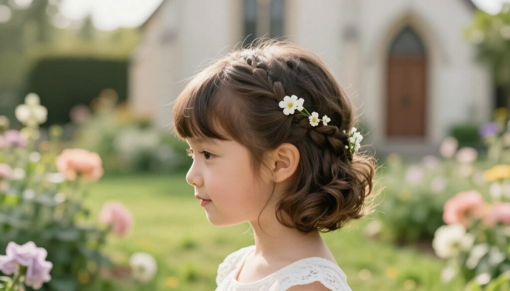 A serene scene featuring a young girl with short hair styled in elegant, subtle communion hairstyles appropriate for a special occasion. In the foreground, the girl is facing slightly to the side, showcasing a delicate braid intertwined with small white flowers, soft waves adding volume to her look. In the middle ground, a lush garden setting with vibrant greenery and pastel-colored flowers enhances the atmosphere. The background includes a soft-focus view of a sunlit chapel, creating a spiritual ambiance. The lighting is warm and natural, with a soft glow illuminating her face, accentuating her innocent beauty and the intricate details of her hairstyle. The overall mood is joyful and serene, capturing the essence of a special day.
