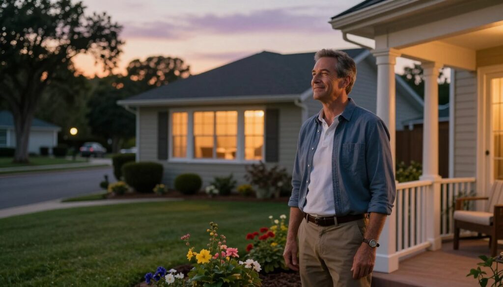 A serene suburban setting at dusk, depicting a well-kept house with warm, inviting lights glowing from inside. In the foreground, a middle-aged man with a friendly demeanor, dressed in smart casual attire, stands on the porch, looking content and relaxed, symbolizing a personal life that balances work and leisure. In the middle ground, a small garden with colorful flowers and a neatly trimmed lawn enhances the cozy atmosphere. The background reveals a quiet street lined with trees, fading into a soft, dusky sky with hints of orange and purple. The image captures a warm, inviting mood, emphasizing the tranquility of home life, illuminated by soft golden lighting, with a shallow depth of field focusing on the man and his residence. A serene suburban setting at dusk, depicting a well-kept house with warm, inviting lights glowing from inside. In the foreground, a middle-aged man with a friendly demeanor, dressed in smart casual attire, stands on the porch, looking content and relaxed, symbolizing a personal life that balances work and leisure. In the middle ground, a small garden with colorful flowers and a neatly trimmed lawn enhances the cozy atmosphere. The background reveals a quiet street lined with trees, fading into a soft, dusky sky with hints of orange and purple. The image captures a warm, inviting mood, emphasizing the tranquility of home life, illuminated by soft golden lighting, with a shallow depth of field focusing on the man and his residence.