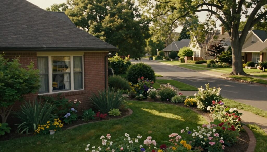 A serene suburban setting that reflects the privacy of a renowned actor. In the foreground, a charming brick house partially obscured by lush greenery, with curtains drawn to hint at the actor's seclusion. The middle ground features a well-maintained garden adorned with blooming flowers, symbolizing tranquility. The background reveals a peaceful street lined with trees, suggesting a quiet neighborhood away from city chaos. Soft, warm afternoon sunlight bathe the scene, creating inviting shadows. Use a slightly elevated angle to capture the essence of this private oasis, conveying a sense of calm and solitude. Aim for a reflective mood, emphasizing the theme of celebrity privacy amidst growing media scrutiny. The composition should evoke a feeling of protection and peacefulness without any human figures present.