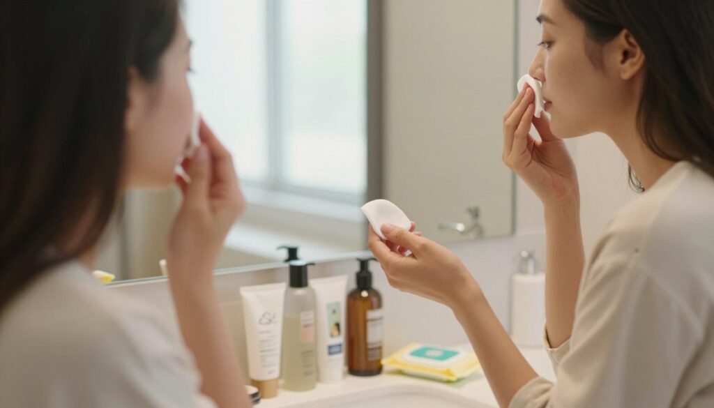 A serene travel scene showcasing a woman in modest casual clothing, gently removing her makeup in a well-lit hotel bathroom. In the foreground, she holds a biodegradable cotton pad with a gentle cleanser, while a compact mirror reflects her focused expression. The middle ground features elegantly organized travel toiletries, including natural makeup removers and organic wipes, on a stylish countertop. The airy background reveals a bright window with soft daylight filtering in, adding warmth to the atmosphere. The overall mood is calm and refreshing, emphasizing the importance of skin care while traveling. The composition is inviting, illustrated with a soft focus to create an intimate and soothing environment. A serene travel scene showcasing a woman in modest casual clothing, gently removing her makeup in a well-lit hotel bathroom. In the foreground, she holds a biodegradable cotton pad with a gentle cleanser, while a compact mirror reflects her focused expression. The middle ground features elegantly organized travel toiletries, including natural makeup removers and organic wipes, on a stylish countertop. The airy background reveals a bright window with soft daylight filtering in, adding warmth to the atmosphere. The overall mood is calm and refreshing, emphasizing the importance of skin care while traveling. The composition is inviting, illustrated with a soft focus to create an intimate and soothing environment.
