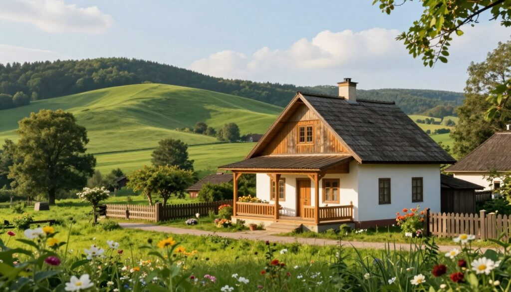 A serene view of Andrzej Rosiewicz's childhood home, nestled in a lush, green Polish countryside. In the foreground, a modest, yet charming cottage with a warm, inviting porch, surrounded by blooming flowers and rich greenery. The middle ground features a clear path leading to a small wooden fence, suggesting a peaceful rural life. In the background, gentle rolling hills under a bright, sunny sky evoke a sense of nostalgia. The scene captures the essence of rural tranquility, with soft afternoon light casting warm shadows, creating a comforting atmosphere. The focus is on the landscape and home, reflecting the simplicity and beauty of life before family. A serene view of Andrzej Rosiewicz's childhood home, nestled in a lush, green Polish countryside. In the foreground, a modest, yet charming cottage with a warm, inviting porch, surrounded by blooming flowers and rich greenery. The middle ground features a clear path leading to a small wooden fence, suggesting a peaceful rural life. In the background, gentle rolling hills under a bright, sunny sky evoke a sense of nostalgia. The scene captures the essence of rural tranquility, with soft afternoon light casting warm shadows, creating a comforting atmosphere. The focus is on the landscape and home, reflecting the simplicity and beauty of life before family.