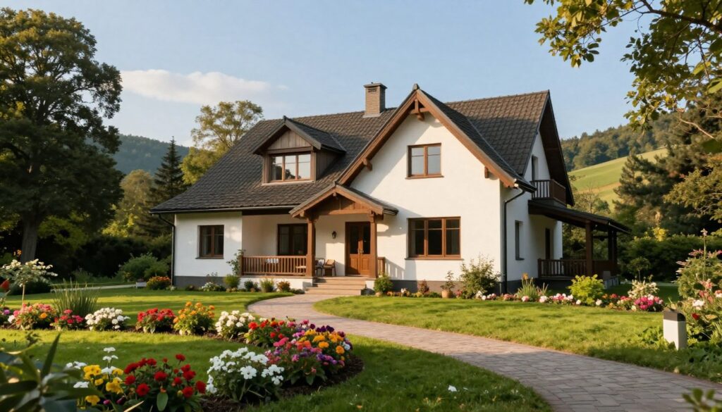 A serene view of Bogusław Wołoszański's elegant home, nestled in a lush green landscape. The foreground features vibrant flower beds and a well-maintained pathway leading up to the entrance. In the middle ground, the house is a charming blend of modern architecture with traditional elements, showcasing large windows and a welcoming porch. The background is filled with tall trees and soft rolling hills under a clear blue sky, creating a peaceful atmosphere. The scene is illuminated by warm, golden sunlight, casting gentle shadows that enhance the home's inviting appeal. Capture the essence of comfort and tranquility, reflecting the lifestyle of a historical documentary author.