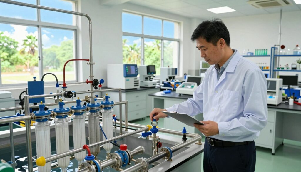 A skilled environmental engineer carefully inspects a state-of-the-art water treatment facility, showcasing modern technology and sustainable design. In the foreground, the engineer, dressed in professional attire, examines a complex system of pipes and filtration equipment. The middle ground features a spacious, well-lit laboratory filled with advanced analytical instruments and water samples. In the background, large windows reveal a clear blue sky and lush greenery, symbolizing the connection between engineering and nature. Soft, natural lighting highlights the professionalism of the scene, while a slightly elevated angle conveys a sense of depth and perspective. The atmosphere is one of innovation and dedication to environmental preservation, reflecting the significance of water engineering in contemporary society. A skilled environmental engineer carefully inspects a state-of-the-art water treatment facility, showcasing modern technology and sustainable design. In the foreground, the engineer, dressed in professional attire, examines a complex system of pipes and filtration equipment. The middle ground features a spacious, well-lit laboratory filled with advanced analytical instruments and water samples. In the background, large windows reveal a clear blue sky and lush greenery, symbolizing the connection between engineering and nature. Soft, natural lighting highlights the professionalism of the scene, while a slightly elevated angle conveys a sense of depth and perspective. The atmosphere is one of innovation and dedication to environmental preservation, reflecting the significance of water engineering in contemporary society.