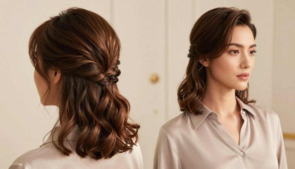 A sleek and modern hairstyle for women, featuring shoulder-length hair styled in an elegant updo with soft waves cascading down. The foreground showcases the intricate details of the hairstyle, with highlights reflecting in the hair, emphasizing texture and shine. In the middle ground, a model wearing a stylish, modest blouse stands confidently, showcasing the versatility of the updo in a professional yet approachable manner. The background is softly blurred, with gentle pastel colors that evoke a tranquil and sophisticated atmosphere. The lighting is warm and diffused, casting a flattering glow on the model, while a slight angle captures the beauty of the hairstyle from a dynamic perspective, adding depth and allure to the composition.